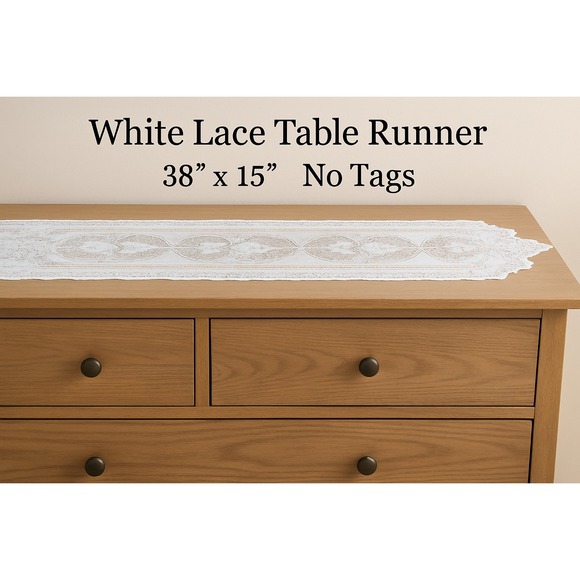 Other - Lace Table Runner Dresser Scarf 38x15 Vtg Scalloped Floral Crochet Look No Tag